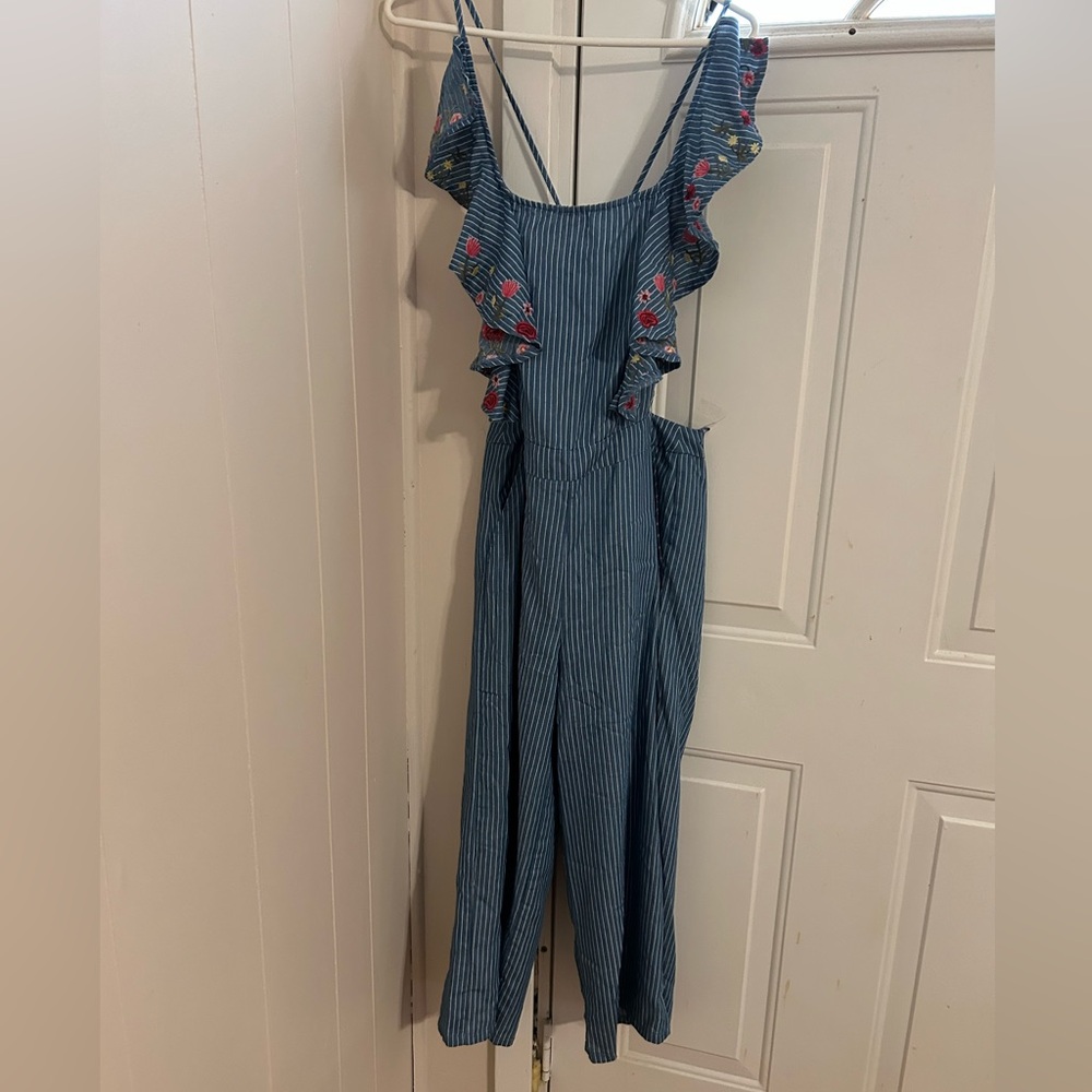 San Joy Blue and White Pinstripe Jumpsuit